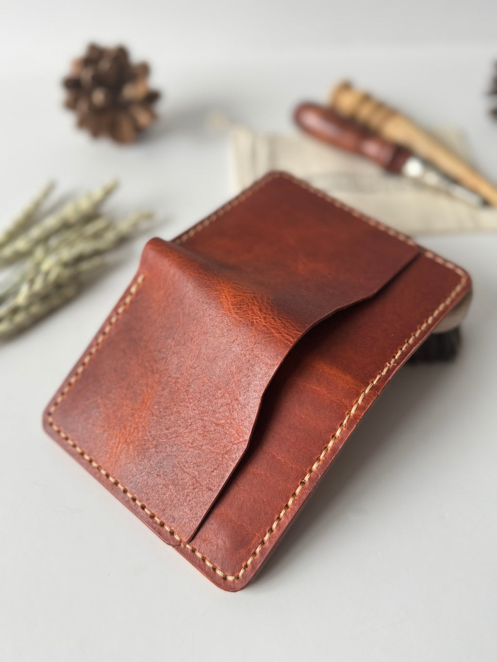 Horween Wallet, Bifold Wallet with Money Slot, Bill Slot, Card Holder and Money Slot, Compact Design, Vertical Wallet, Full Grain Leather