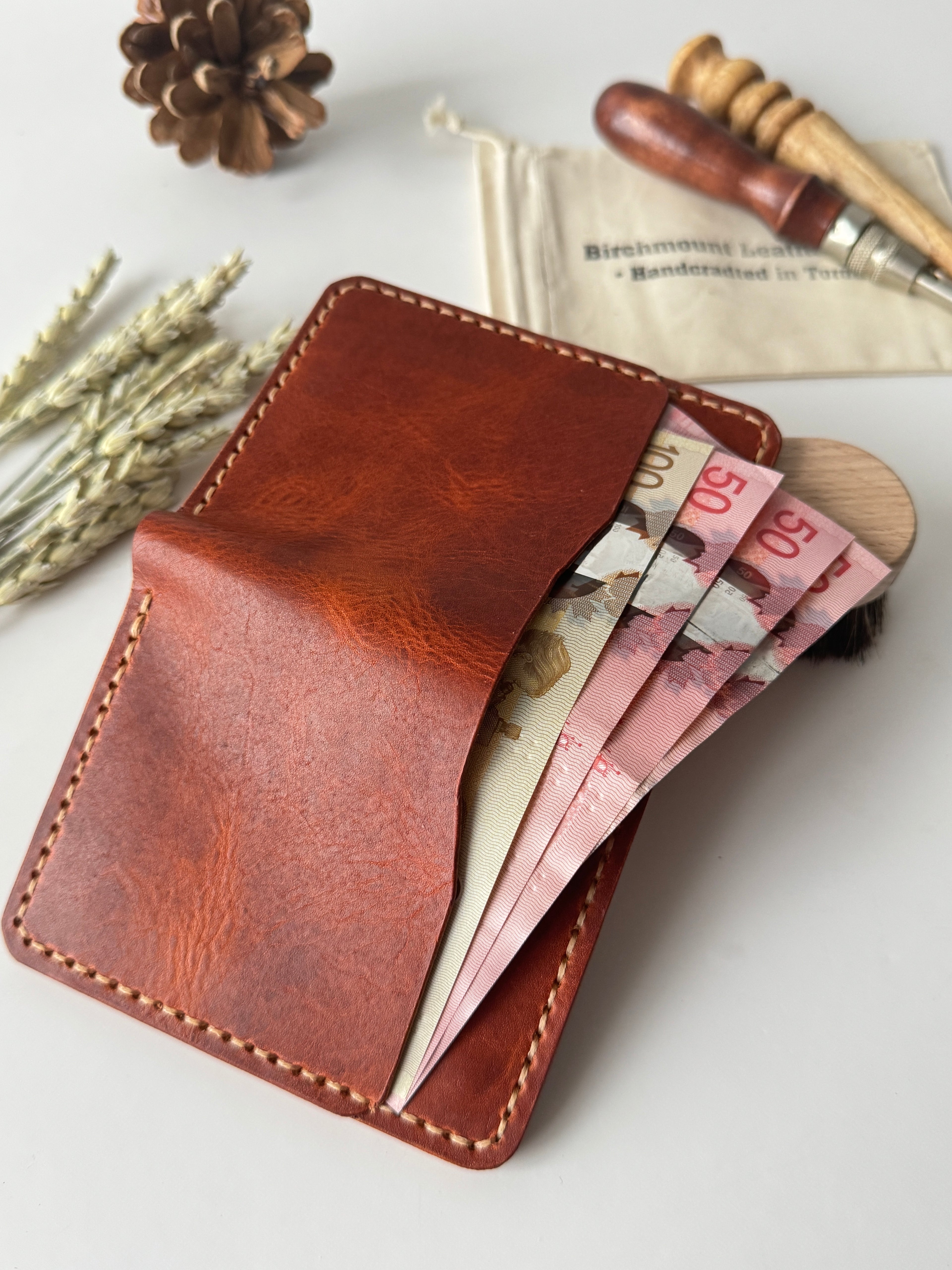 Horween Wallet, Bifold Wallet with Money Slot, Bill Slot, Card Holder and Money Slot, Compact Design, Vertical Wallet, Full Grain Leather