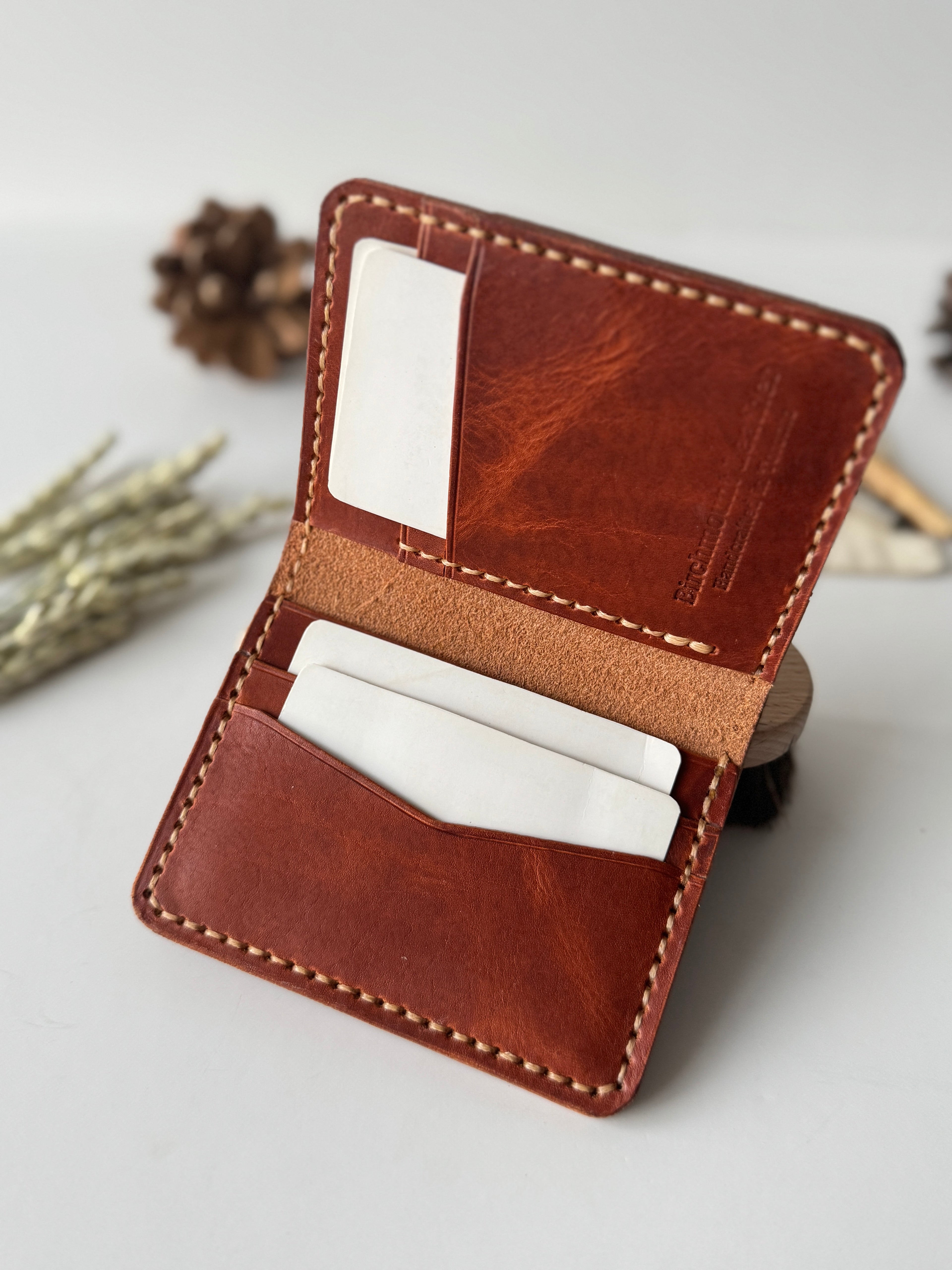 Horween Wallet, Bifold Wallet with Money Slot, Bill Slot, Card Holder and Money Slot, Compact Design, Vertical Wallet, Full Grain Leather