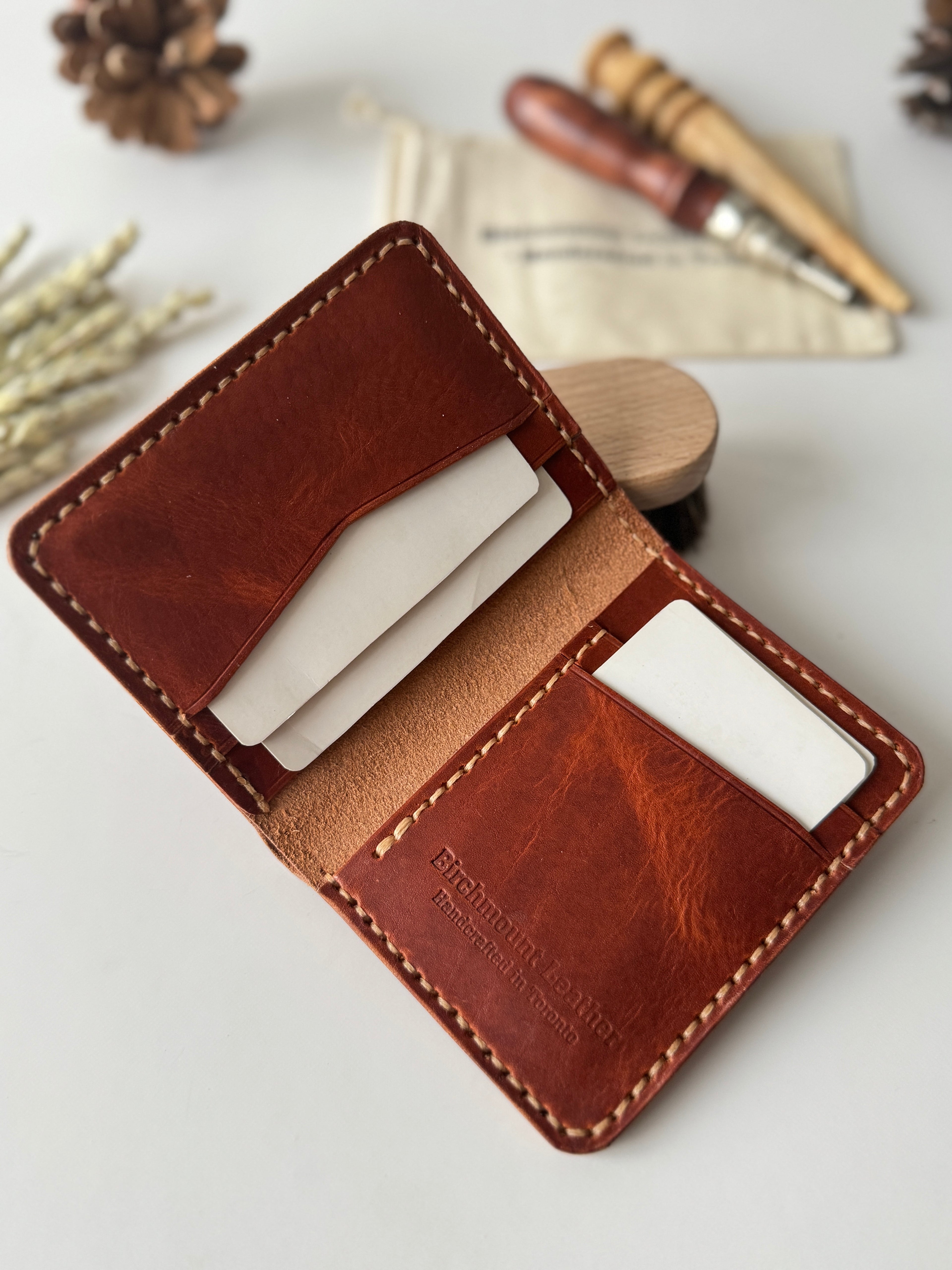 Horween Wallet, Bifold Wallet with Money Slot, Bill Slot, Card Holder and Money Slot, Compact Design, Vertical Wallet, Full Grain Leather